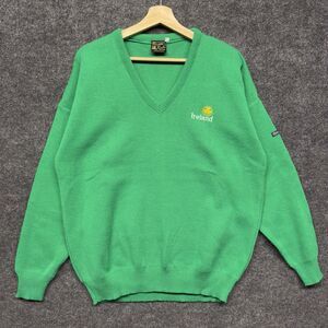 VTG 80s Blarney Castle Ireland V Neck Sweater Green Shamrock Embroidered L